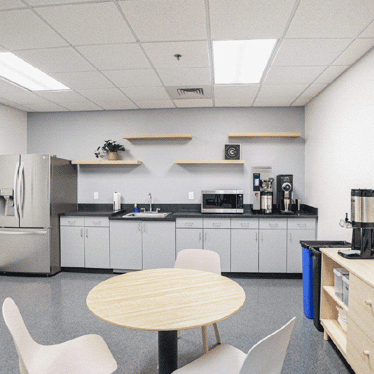 Warehouse break room at Shift includes fridges, microwaves, and sinks, and is well stocked with craft coffee, tea, and more.